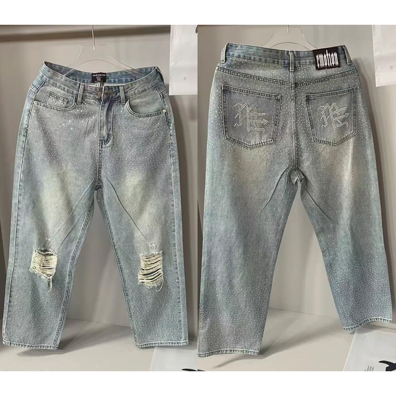 

American High Street Hot Drill Trousers Men's Women's Fashion Casual Retro Washed Old Ripped Pants MIXED EMOTION JEANS