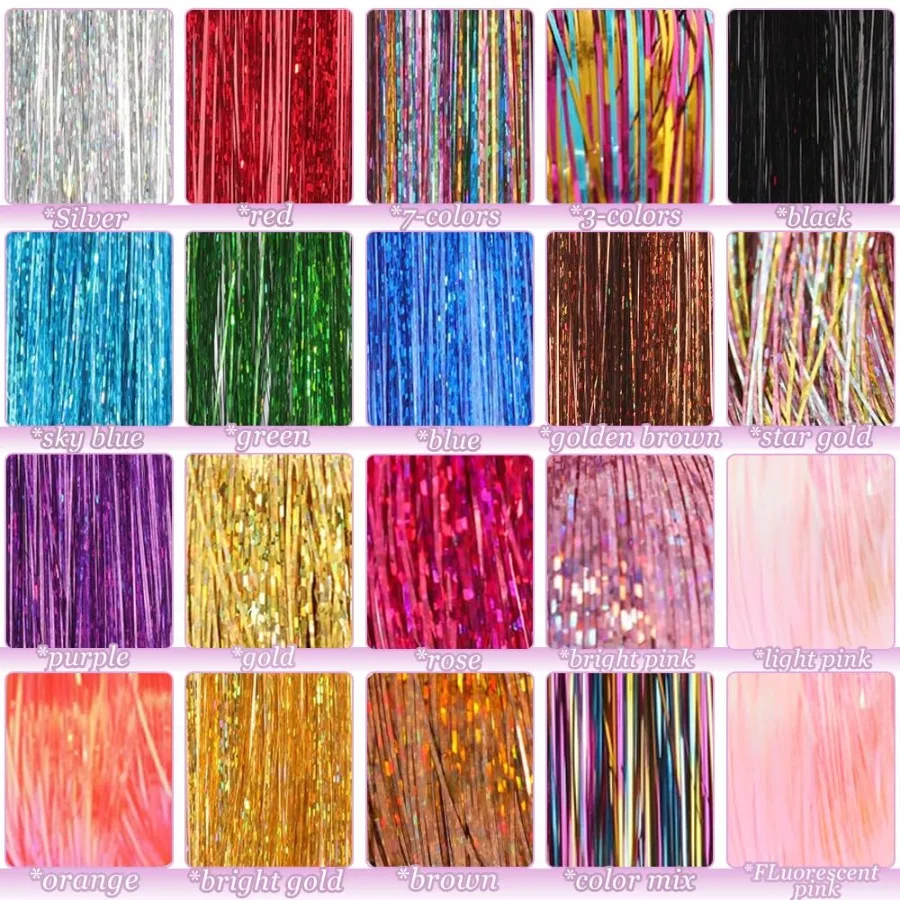 Kit de oropel para el cabello de 20 colores con herramientas para extensiones de cabello de hadas de 48 pulgadas, hebras de brillo holográfico resistentes al calor, fiesta brillante
