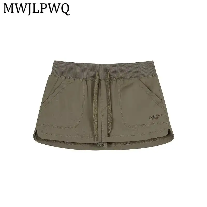 MWJLPWQ Quick Dry Mini Skort Ribbed Elastic Drawstring Waist Side Split Pocket Embroidery Women Y2k Casual Bottom Unisex 16982