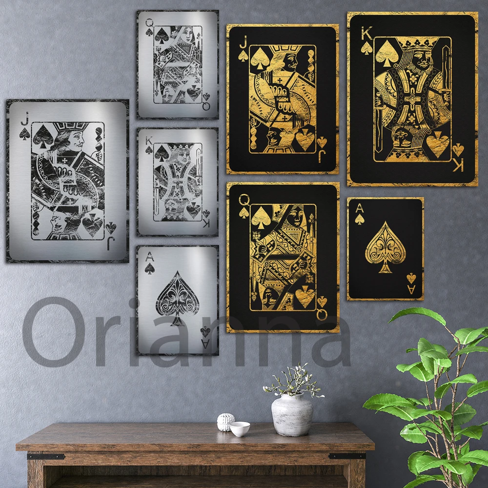 Black And Gold Ace King Queen Jack Spades Card Canvas/Poster Art,Poker Playing Card Art Print,Successful Entrepreneur Wall Decor