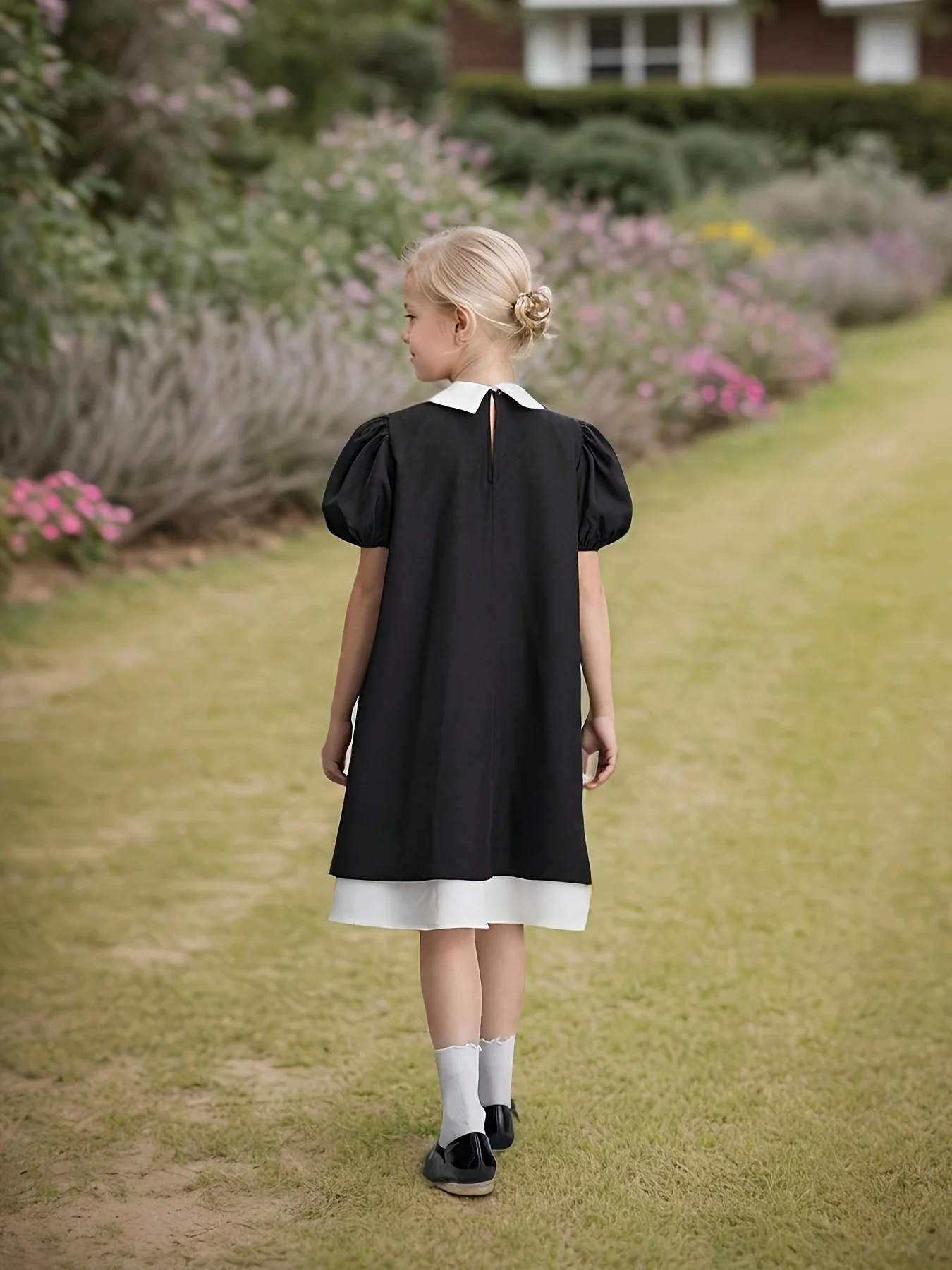 Girl's Wednesday Dress Peter Pan Collar Black White Kids 7-14Y Summer School Uniform Party Costumes Casual Puff Sleeve Dress