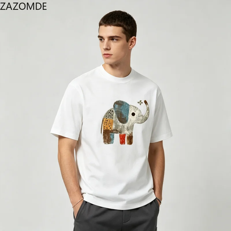 ZAZOMDE Retro Brush Stroke Animal Graphic T Shirt Patchwork Elephant Holding Small Flower Pattern Oversized Couple Fashion Tops