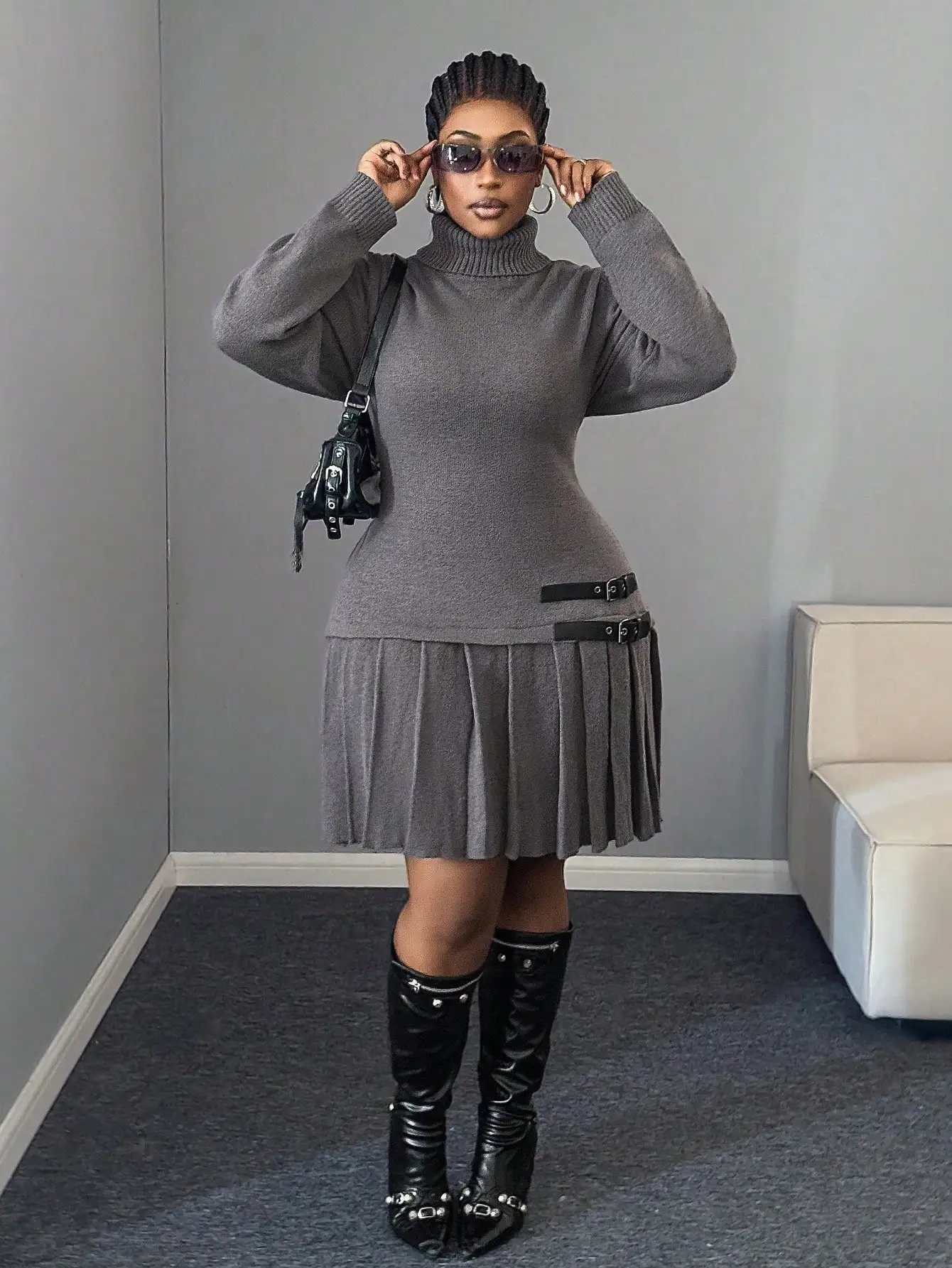 

Plus Size Turtleneck Pleated Sweater Dress with Belt Detail, Autumn Winter Soft Knit