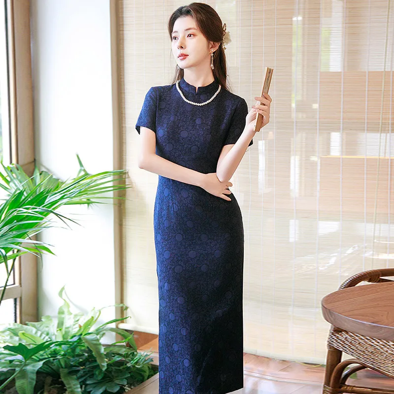 

Yourqipao Spring Blue Long Modified Cheongsam Banquet Retro Qipao Traditional Chinese Style Evening Dress for Women Party