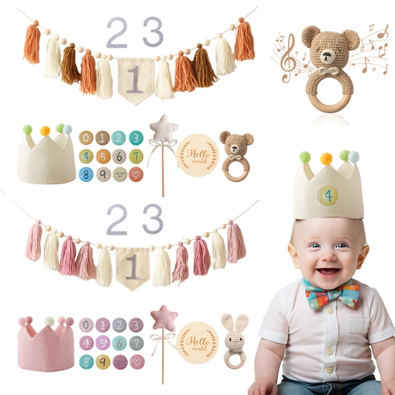 

Baby Wooden Milestone Card Tassels Banner Crown Headband Hat Star Stick for Kids Birthday Party Decoration Set Photography Props