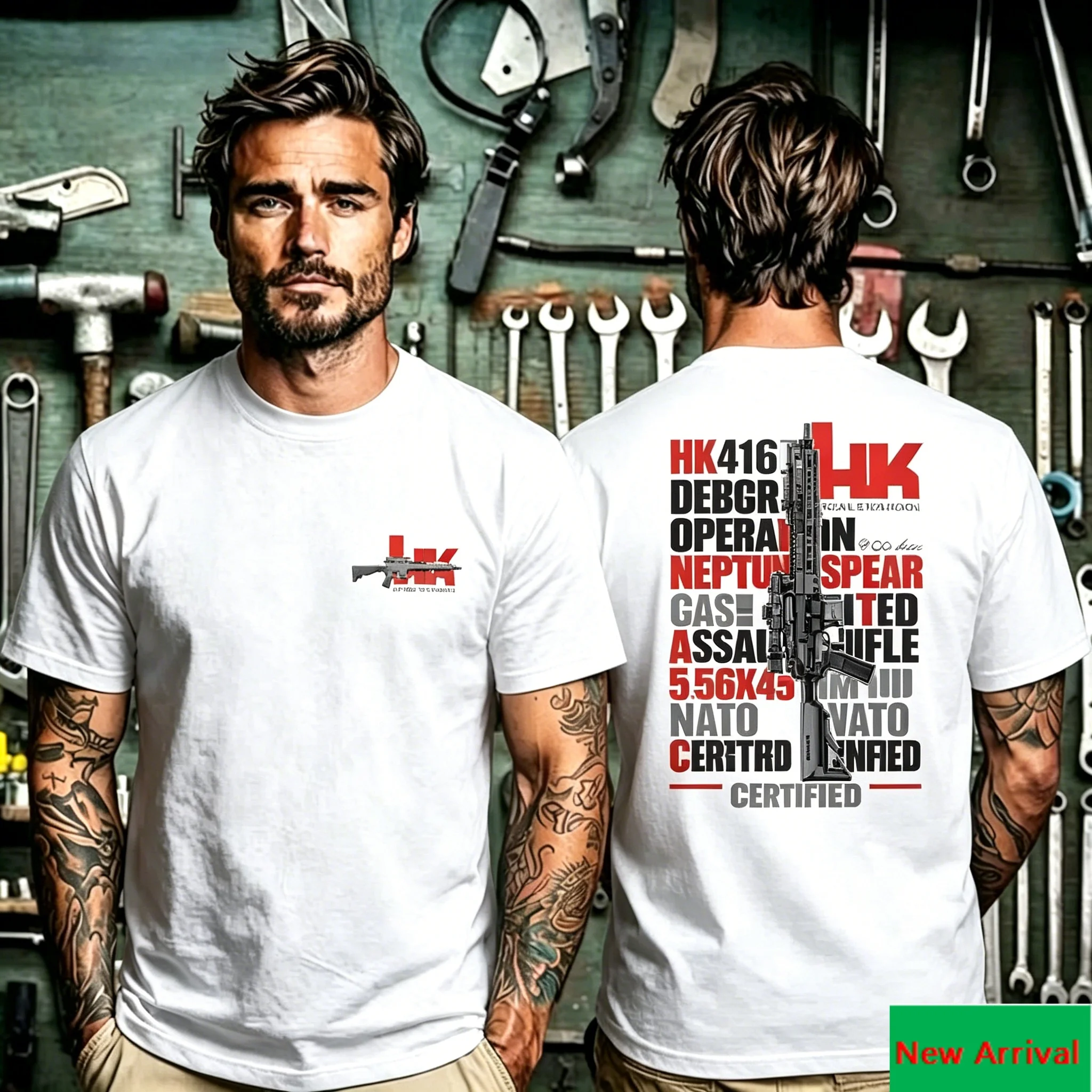 HK416-Sturmgewehr-T-Shirt mit grafischem Aufdruck auf der Rückseite und HK-Waffenlogo-Aufdruck auf der Vorderseite, militärisches taktisches Typografie-Design, Unisex, Freizeitlook. – Detail 5