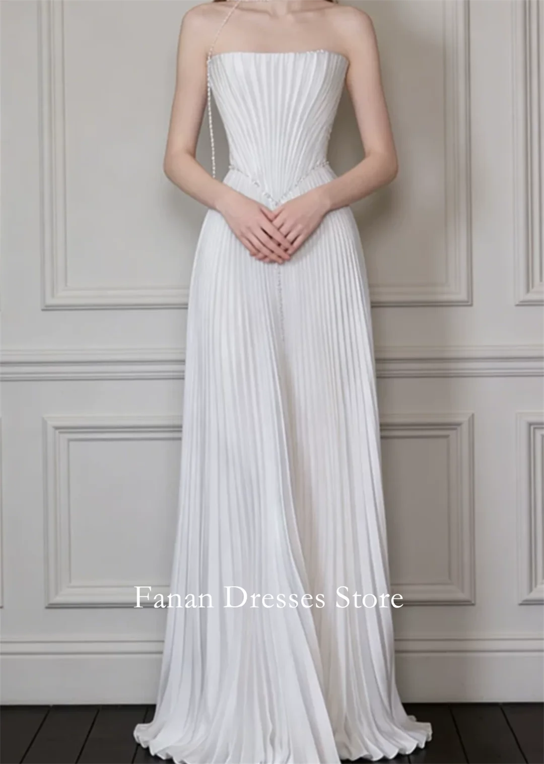 FANAN Strapless Pleated Chiffon Corset Vintage Simple Elegant Wedding Dresses 웨딩드레스 Ivory Customized Pretty  Bride Dresses