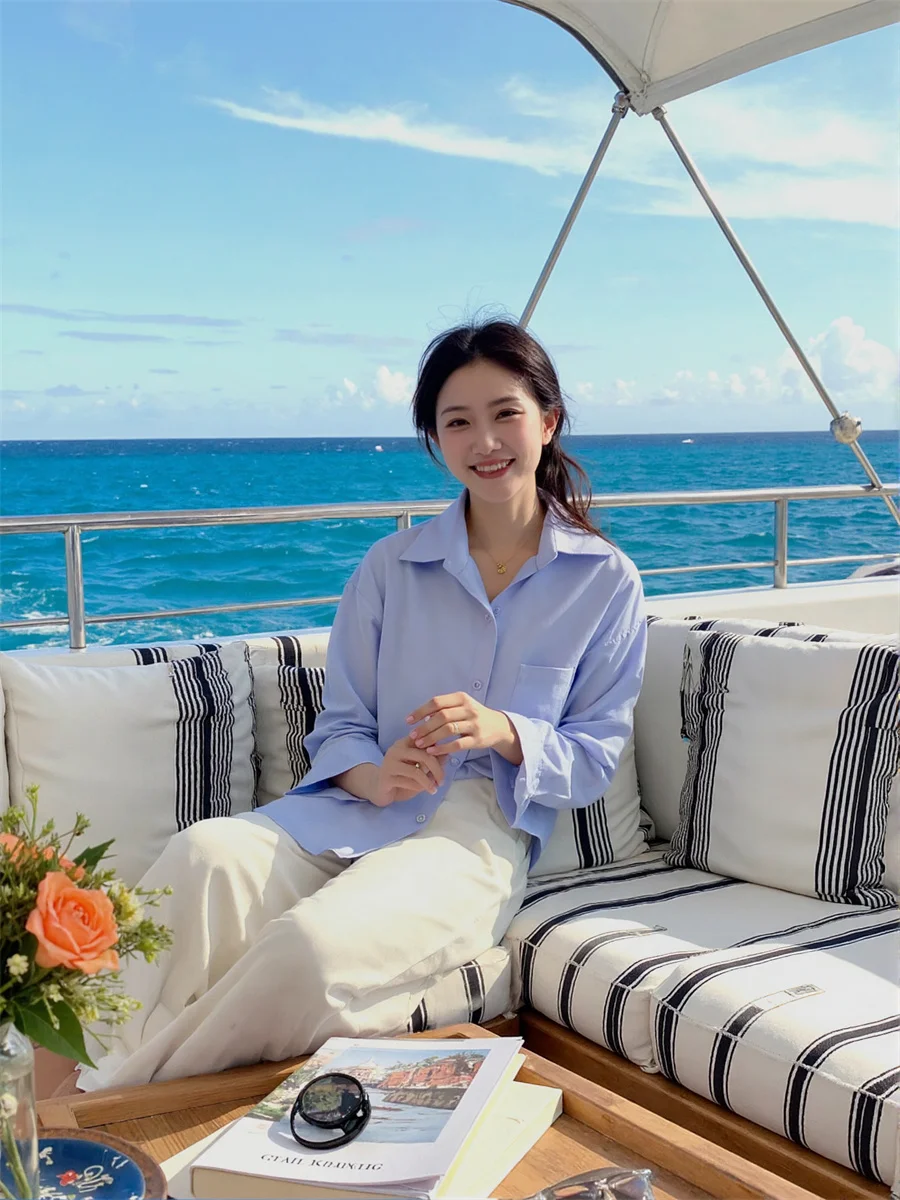 

Women Shirts Outerwears White Blue Pink Green Yellow Satin Feel Silky Texture High End Modal Fabric Female Blouse Button Front