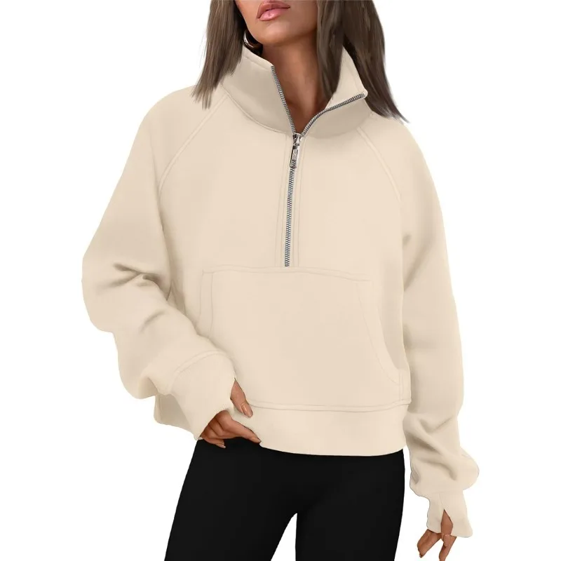 

American Design Sense Long-sleeved Hoodies Autumn New High Neck Solid Color Hoodie Women's Loose Casual Sports Clothing