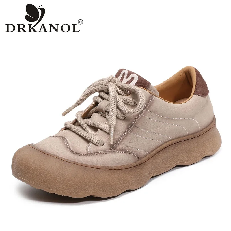 

DRKANOL Fashion Women Flat Shoes Spring Autumn Thick Sole Platform Literary Style Genuine Leather Lace-Up Casual Board Shoes