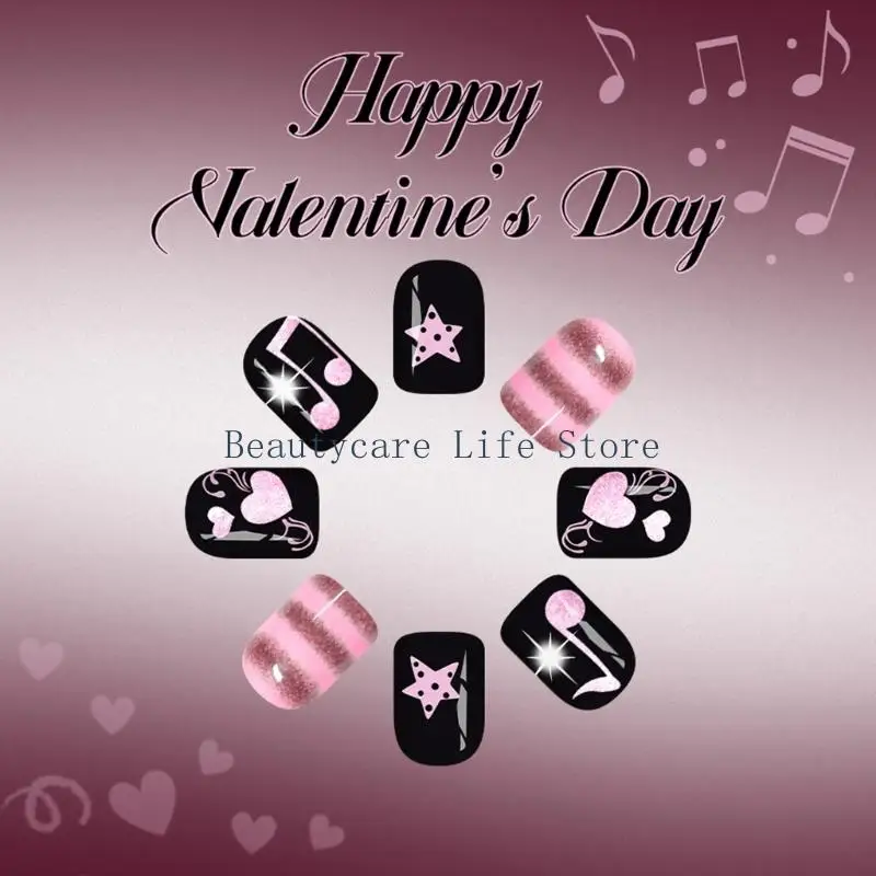 652C 24pcs Red French Tip False Nail with Musical Heart Glittering Valentine’s Day Press on Nail Lightweighted Comfortable