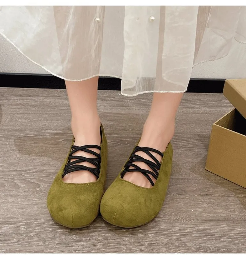 2026 French Retro Striped Ballet Flats with Laces - Round Toe, Versatile Mary Jane Women's Shoes - Elastic Cross-Buckle Design