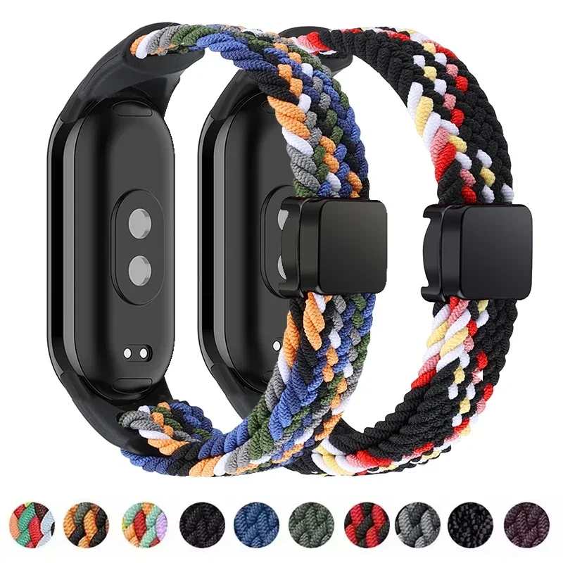 

Поп-нейлоновый плетеный ремешок для Mi Band 9 8, браслет с магнитной пряжкой, ремешок для часов для Xiaomi Mi Band 7, 6, 5 4, 3, браслет Correa Accesso