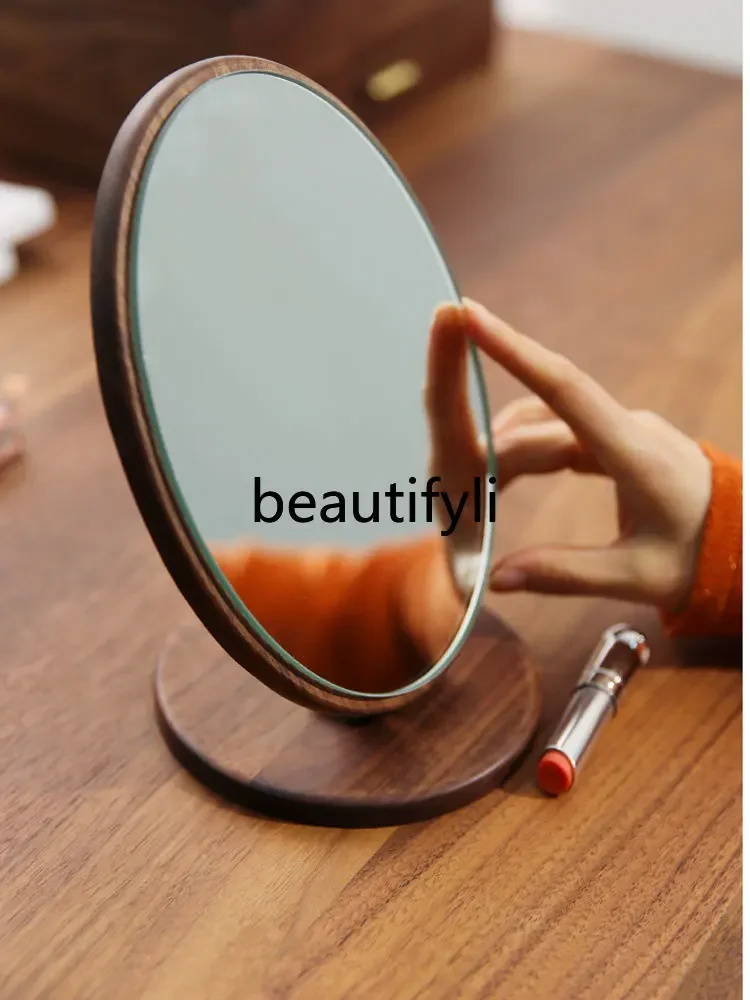 Solid wood makeup mirror desktop folding mirror portable high definition retro