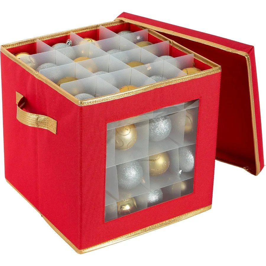 

64 Count Large Storage Box Dimensions : 12.01 x 12.01 x 12.01 Stackable Dividers Holds up to 64 Ornaments Red Easy Carry Handle