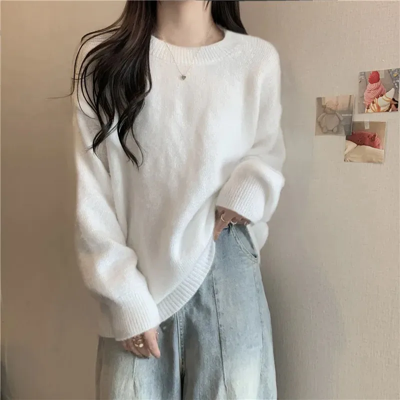 Casual White Knitted Sweaters Women Autumn Basic Long Sleeve O-neck Sweater Woman Chic Striped Solid Color Turtlneck Pullovers