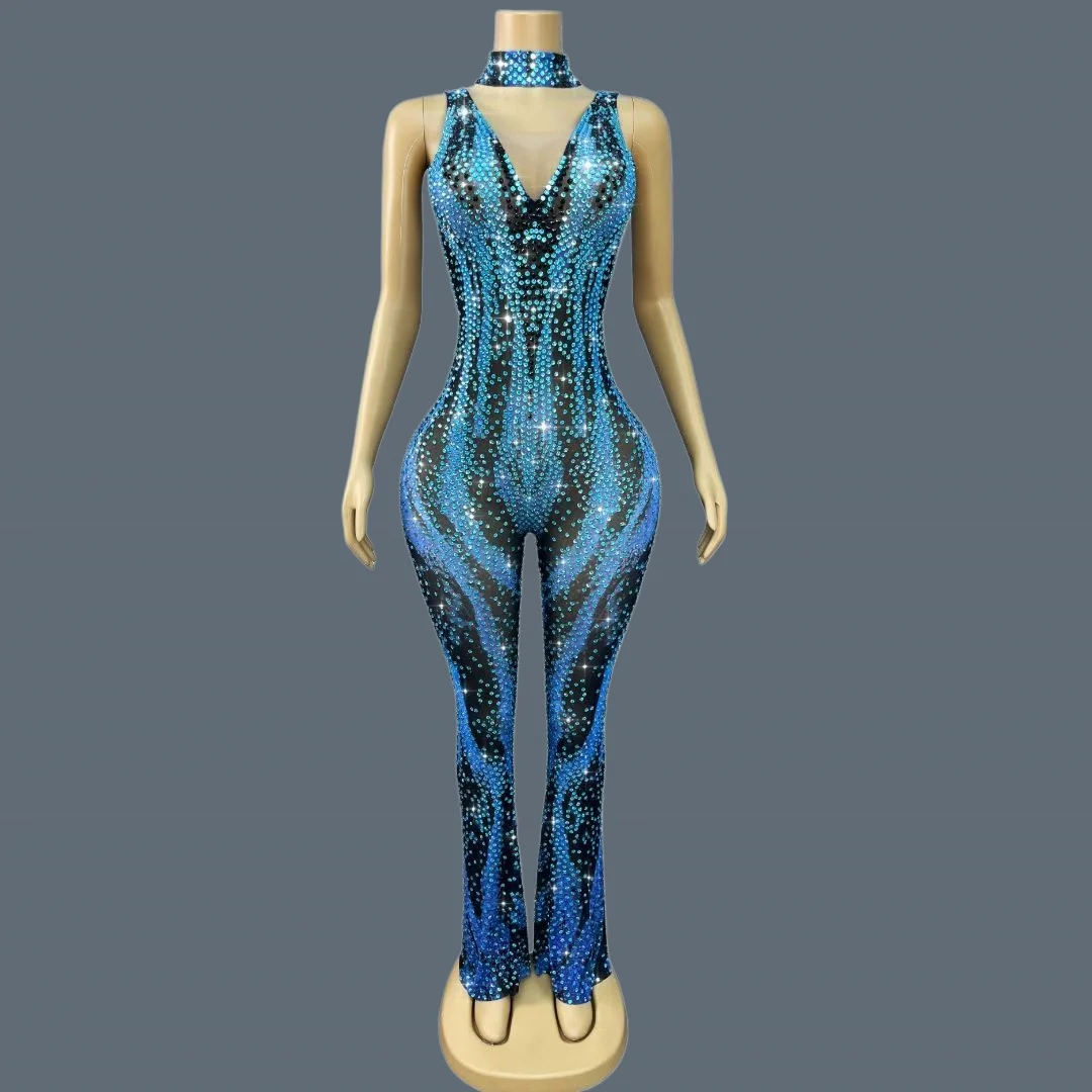 

Sparkly Blue Rhinestone V Neck Sleeveless Sheer Mesh Tight Fitting Jumpsuit Women Stage Show Bell-bottoms Jumpsuit Bingshuangku