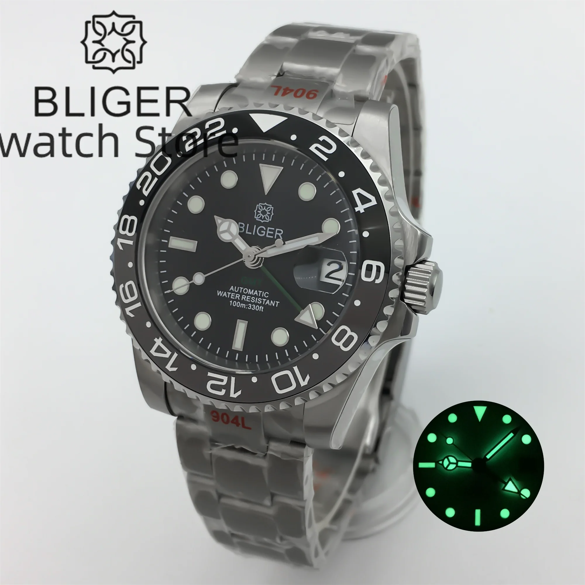 BLIGER 40mm GMT Watch For Men Black-gray Ceramic bezel Sapphire Glass Green GMT Text Green GMT Hand NH34 GMT Mechanical Watch