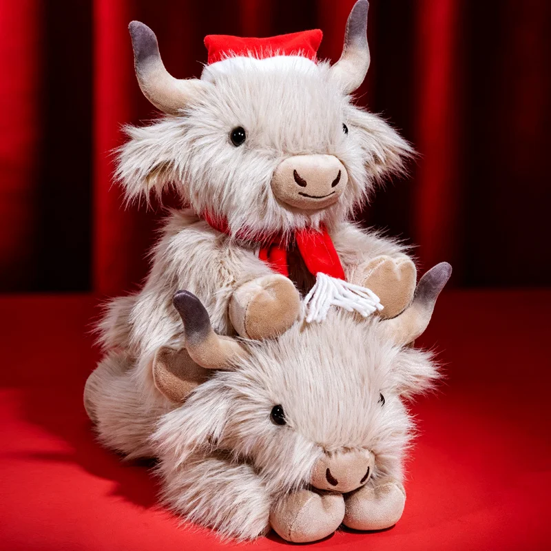 Cute Highland Cow Plush Toy with Christmas Hat Scarf Soft Fluffy Animal, Sitting Lying Cow Stuffed Doll Gift for Kids Home Decor