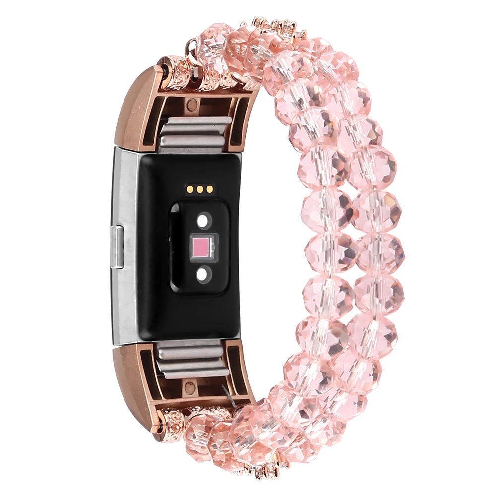 Bling Band for Fitbit Charge 5/ 6 Dressy Beads Bracelet Luxurious Crystal Replacement Wristband for Women Pink Wristband Strap