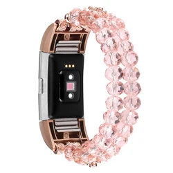 Bling Band for Fitbit Charge 5/ 6 Dressy Beads Bracelet Luxurious Crystal Replacement Wristband for Women Pink Wristband Strap