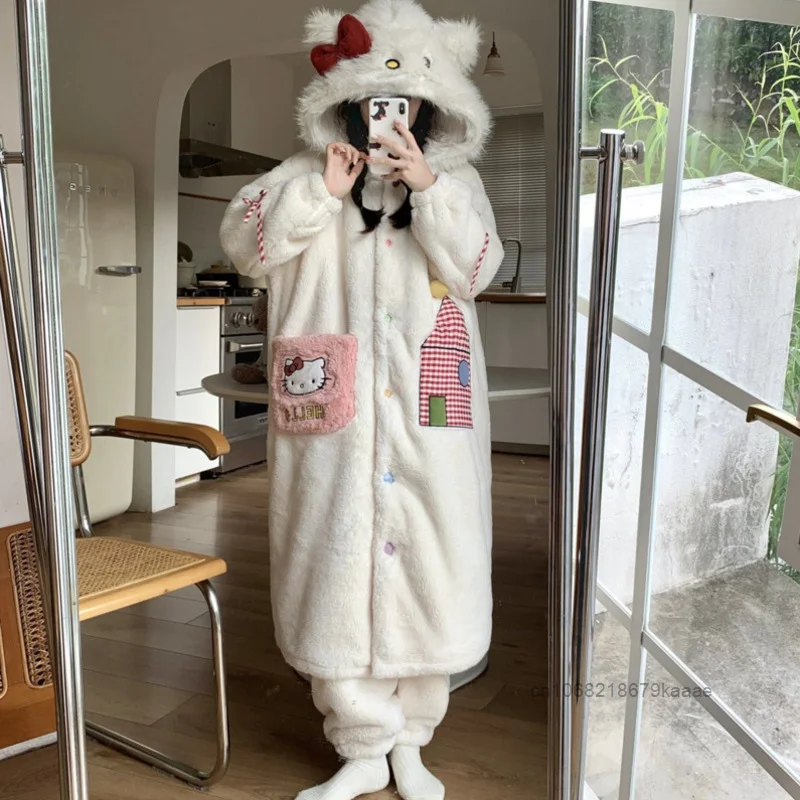 Hello Kitty Women Winter Coral Fleece Nightgown New Cute Cartoon Thick Hooded Warm Home Suit Set Korean Style Kawaii Night-robe