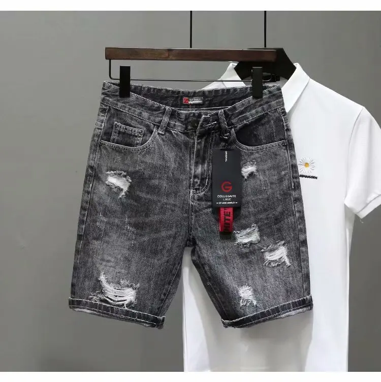 Men's Summer Fashion Hole Ripped Jeans Shorts Capris Casual Gray Beggar Denim Shorts