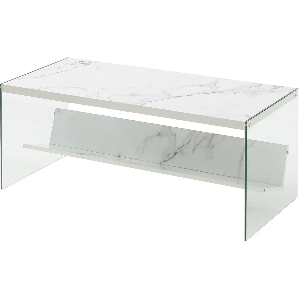 

SoHo Glass Coffee Table with Shelf, White Faux Marble/Glass