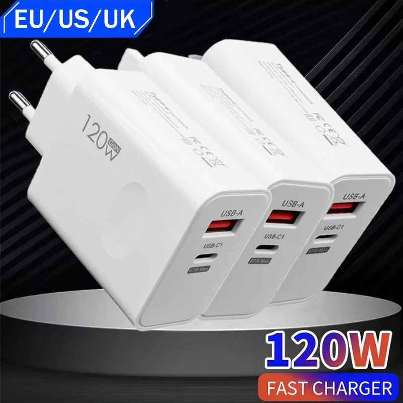 120W Fast Charger USB Type C Super Quick Charging Adapter PD USB Cable Mobile phone Charger For Samsung S25 Huawei Laptop Tablet