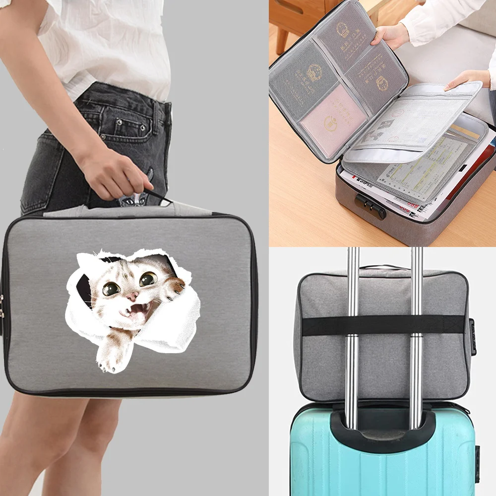 Large Capacity Document Tickets Storage Bag Certificate File Organizer Case Cat Print Home Travel Passport Briefcase with Lock