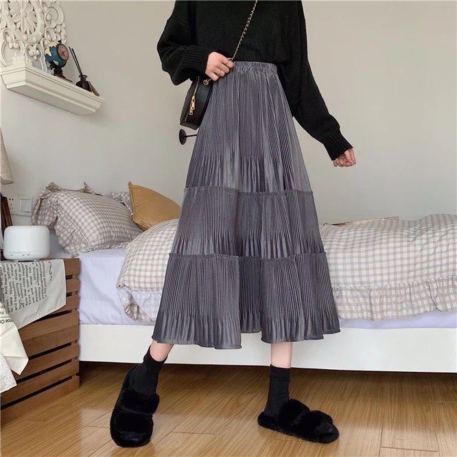 

Autumn Winter 2021 Woman Half Length Golden Velvet Cake Skirt Pleated High Waist Slim Casual Girl A-line Skirt Gray