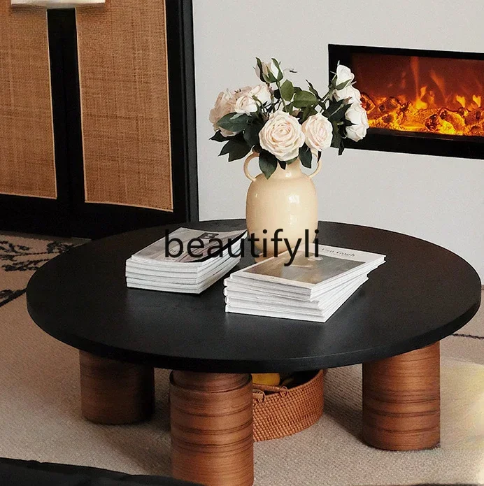 

SS Liuchuan coffee table solid wood medieval minimalist round movable table 2024 new model