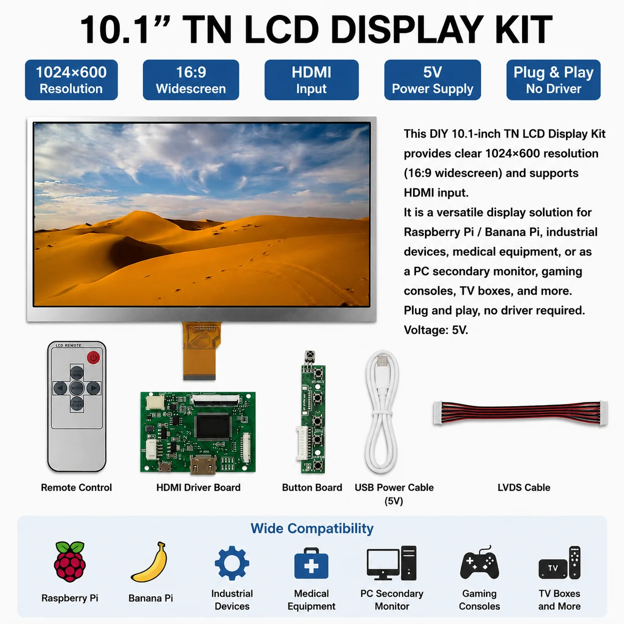 

10.1-inch screen HDMI-compatible LCD display driver control board kit for Raspberry Pi 1,2,3,4 Computer aided monitor screen