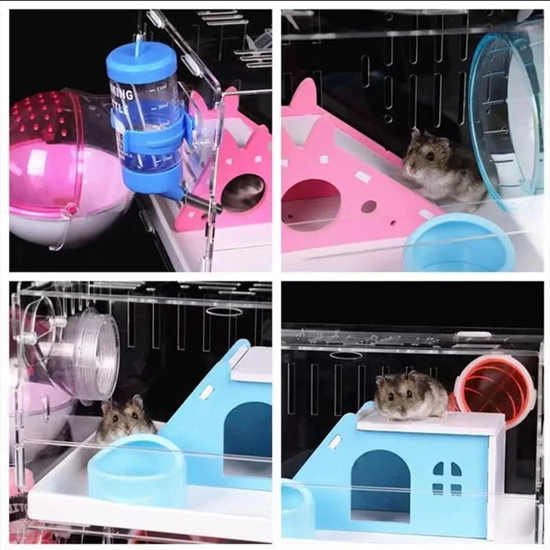 Transparent Hamster Cage Acrylic Cage Small Animal Hedgehogs Rabbit Guinea Pig Double Decker Cage Villa Package Supplies Toy Set