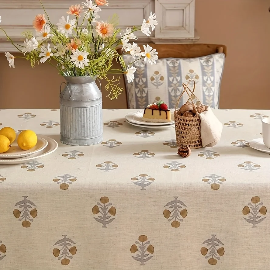 One linen tablecloth featuring vintage floral design in beige and yellow - country style machine print