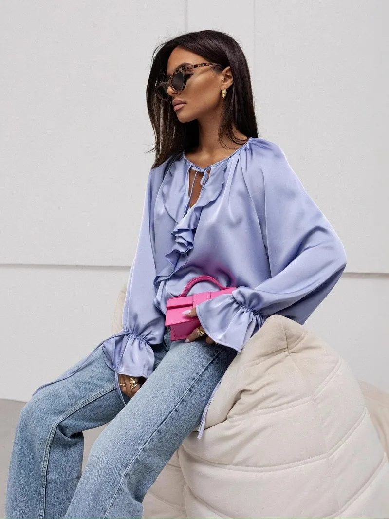 

Faionable Long Sve V-Ne Женская irt Bell Sve с завязками на талии, полиэстер, коллекция Summer 2025