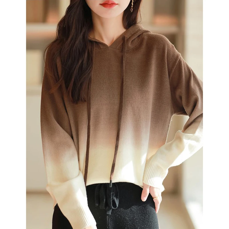Women Clothing Gradient Print Chic Sweet Hooded Knitted Sweater Simple Hoodie Long Sleeve Loose All Match Pullover Tops Jumper
