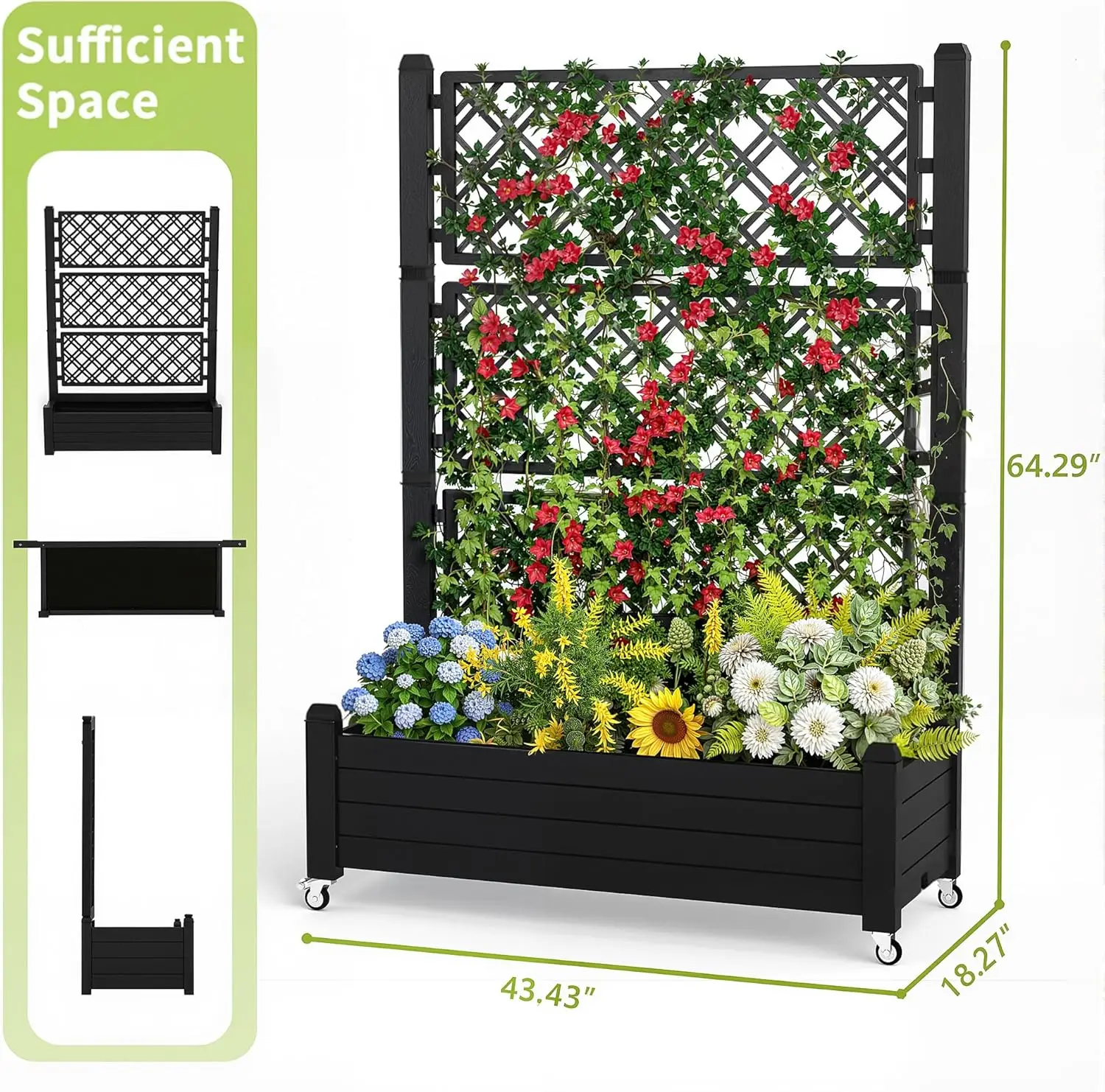 Raised Garden Bed with Trellis, 21 Gallon Self Watering Planter Box with Lockable Wheels & Drainage Holes for Climbing Plants Vegetables Flowers, Anti-Rust Resin for Backyard Patio (Black) view 2