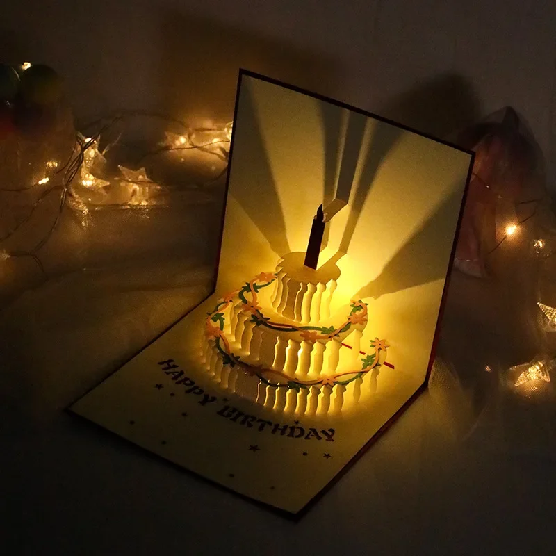 3D Light Music Birthday Card Pop Up Cake Creative Greeting Card Happy Birthday Party Gift Message Cards