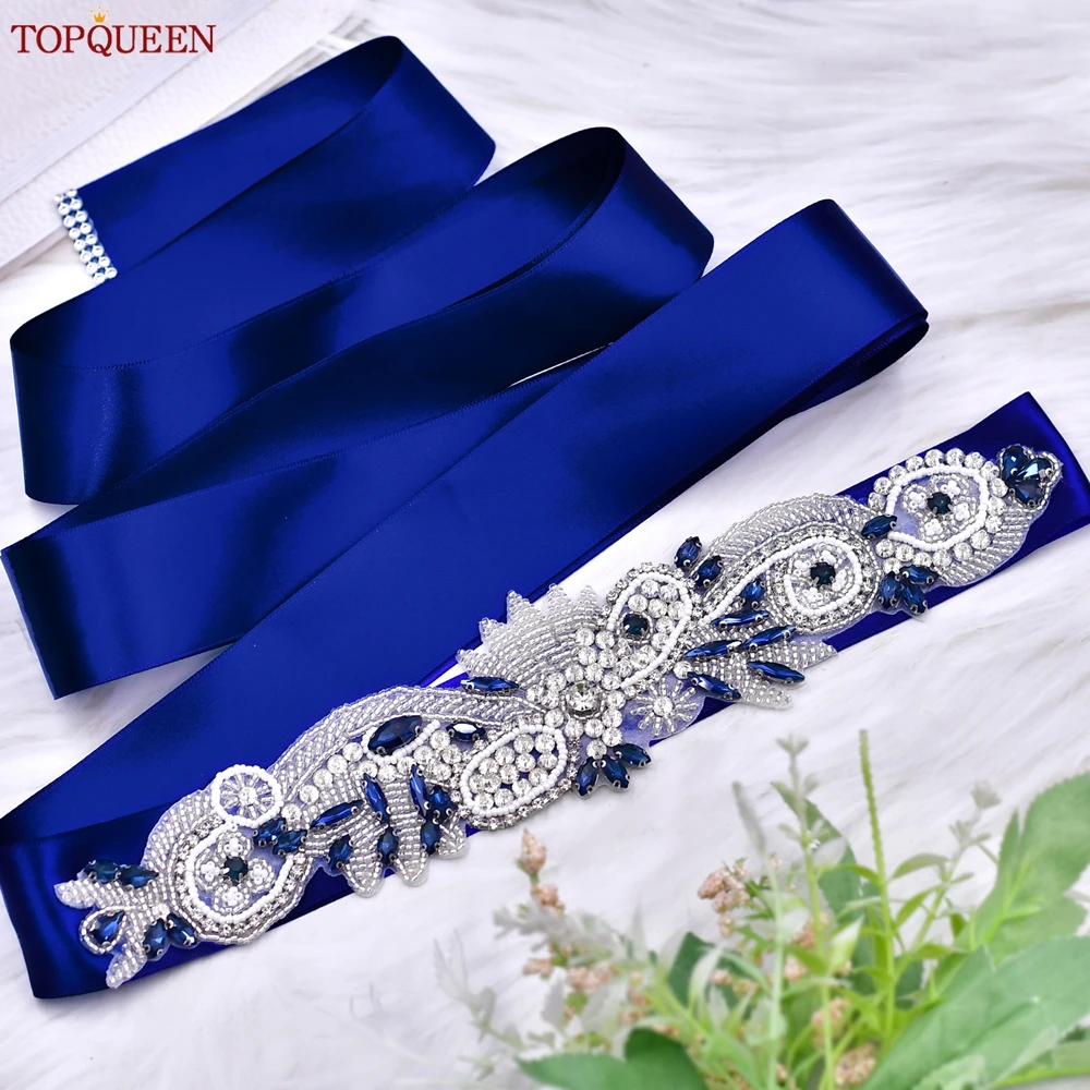 TOPQUEEN S280-ML cinturón de boda clásico hecho a mano con cuentas, faja nupcial con diamantes de imitación azules, accesorios de cintura para vestido, cinturón de dama de honor