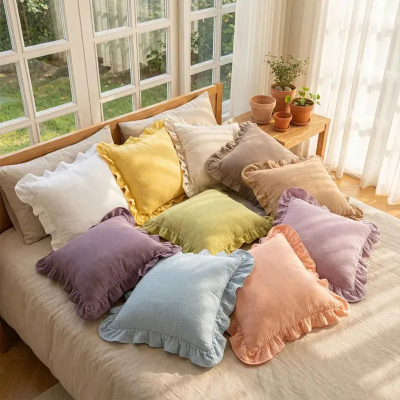 Muslin Pillowcase,2-Layer Gauze Ruffle Pillow Cover,100% Cotton with Envelope Closure for Bed Sofa Farmhouse Home Decoration