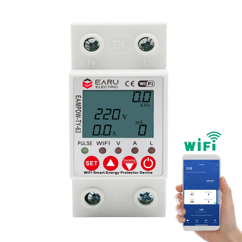 

230V 2P 63A Tuya WiFi Smart Energy Meter Power kWh Meter Earth Leakage Over Under Voltage Protector Relay Device Switch Breaker