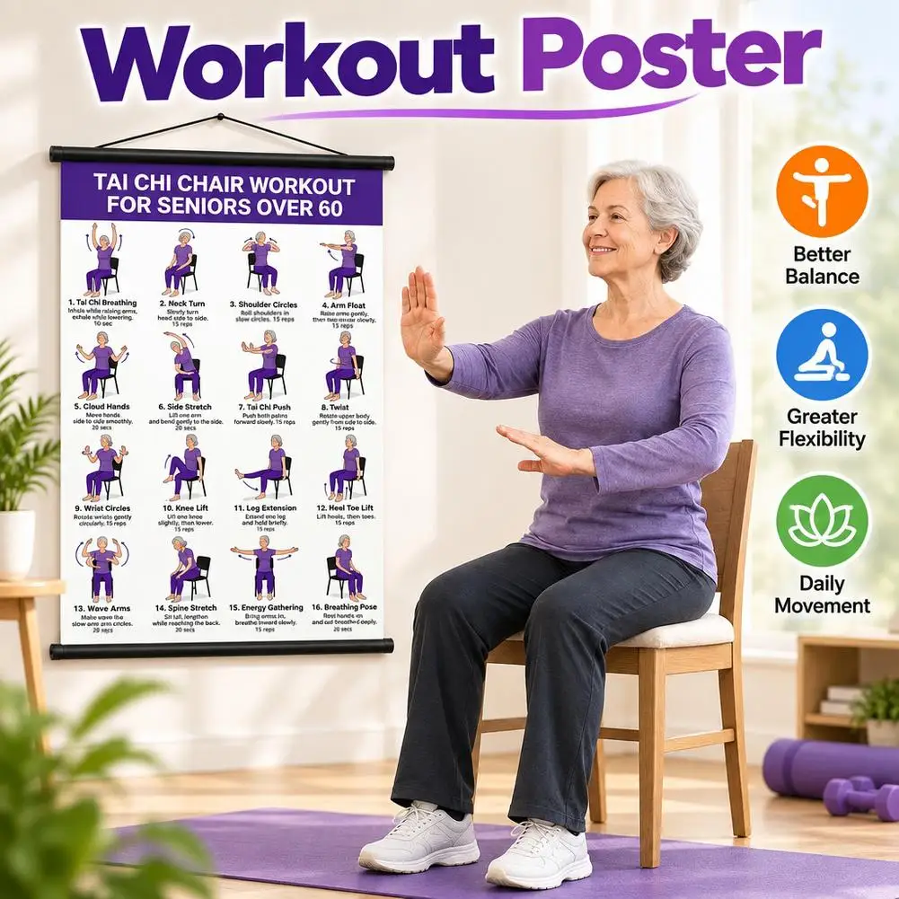 Tai Chi Chair Workout Exercise Plan Poster for Senior 30 Day Home Fitness Guide Poster Senior Home Exercise Chart Balance