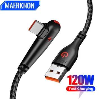 게임용 고속 충전 케이블, 아이폰, 화웨이, 샤오미, 삼성, USB C 데이터 케이블, 와이어 코드, C타입, 90 도 USB 케이블, 120W 