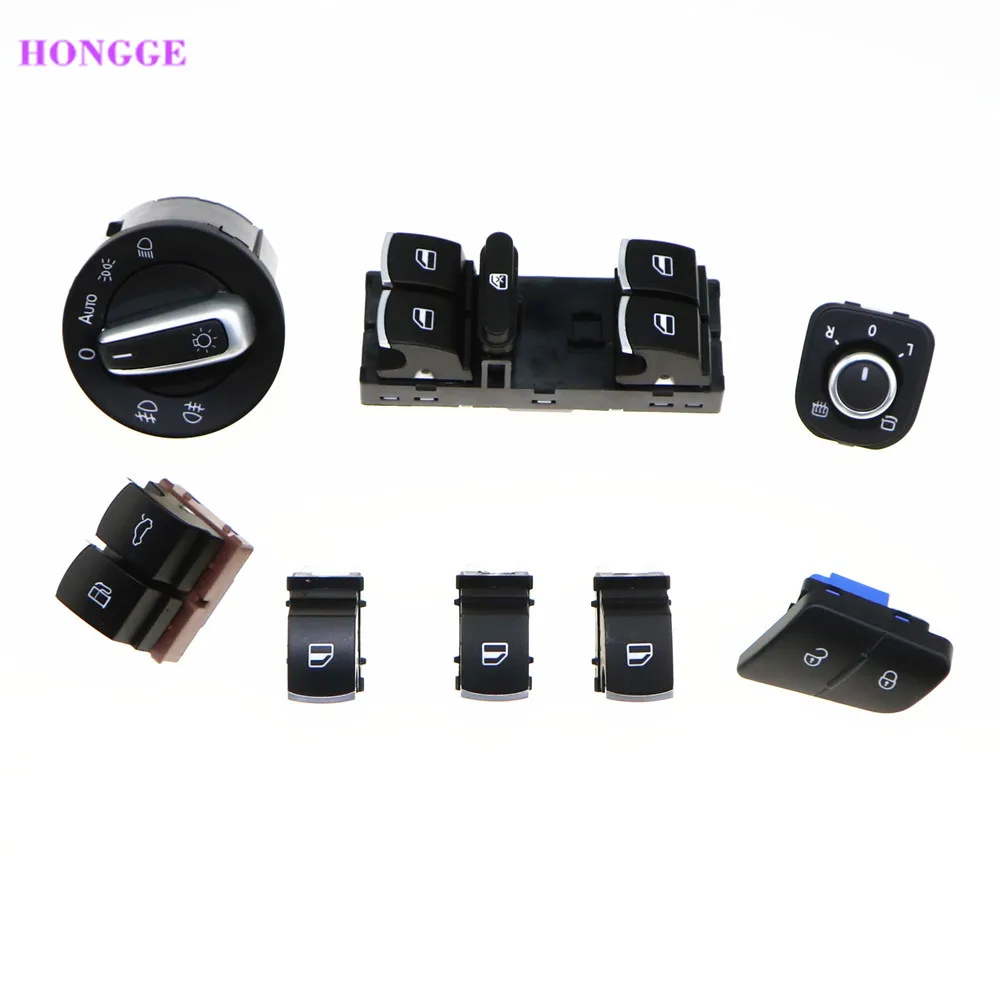 HONGGE Qty8 Chrome Headlight Mirror Master Window Switch Fuel Tank Door Switch for VW Passat B6 35D959903 5ND941431B 5ND959857