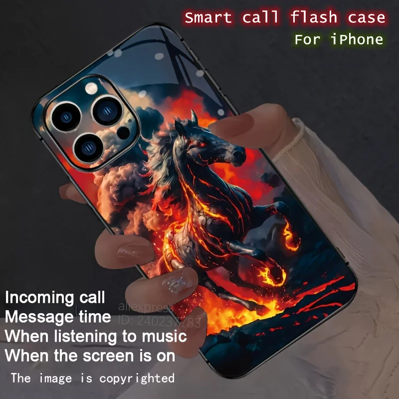 

2026 Lucky Wild Horse Cartoon LED Phone Cover Case For iPhone 17 Air 16 14 13 12 Pro Max Animal Glow Luminous Glass Phone Case