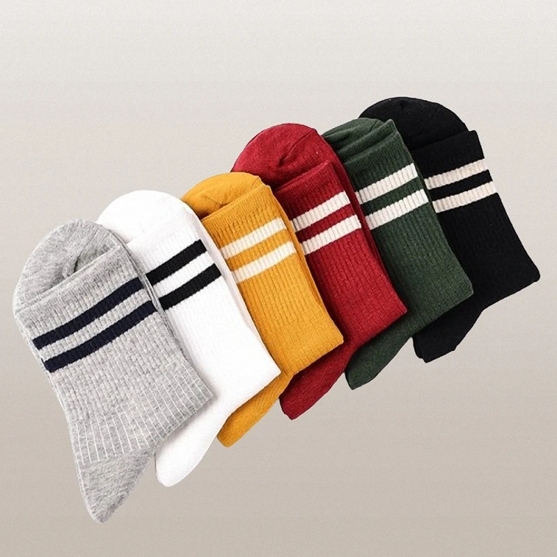 6/12 Pairs Breathable Two-bar Striped Mid-tube Socks Sports Leisure Double-bar Women's Socks Retro Mid-calf Socks