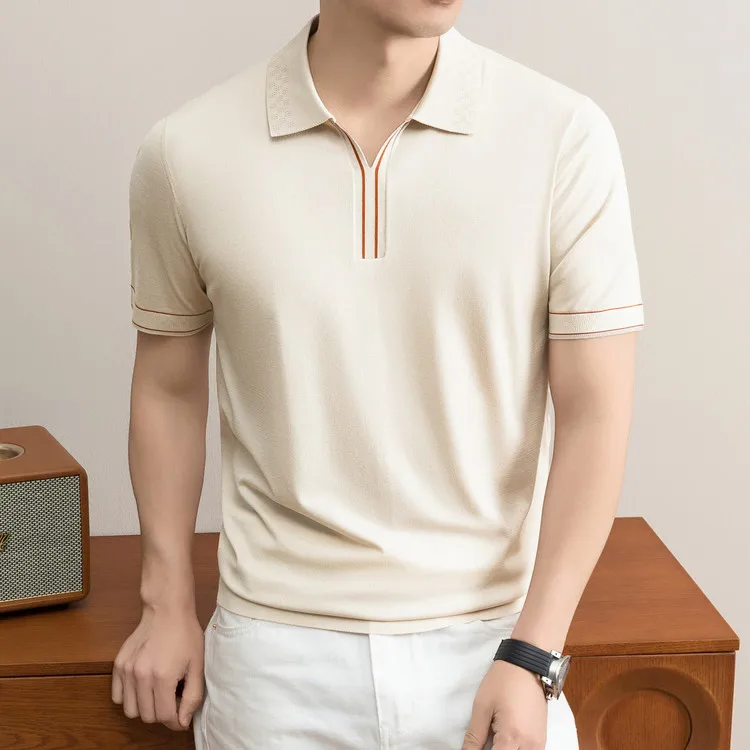 Lyocell 43.9% mulberry silk 2.5% linen 2.1% Men Good Summer 2026 Breathable Soft Short Sleeve Tops Pullover Knit t shirts