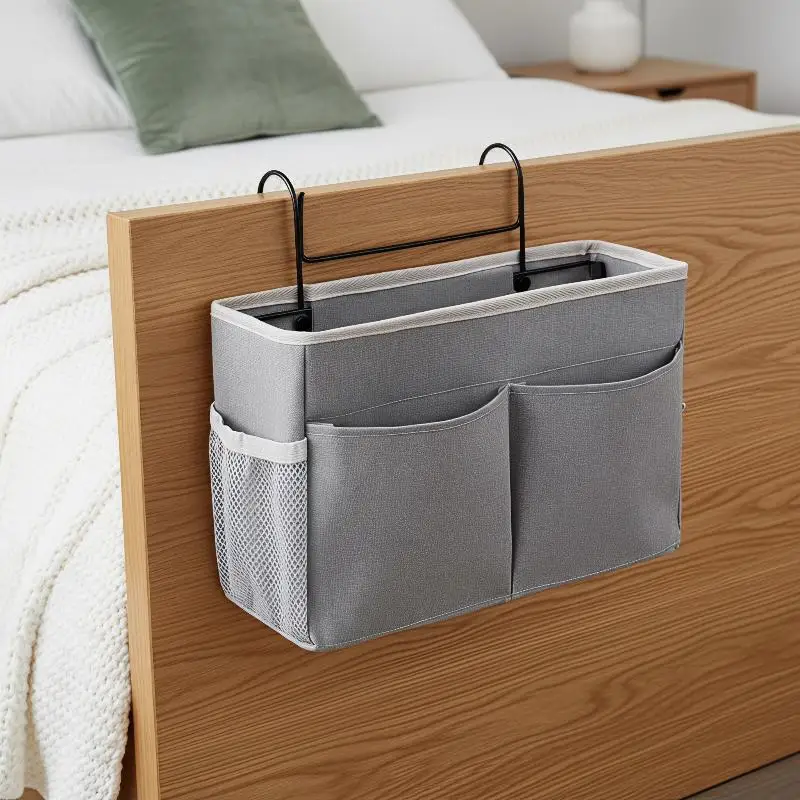 Large Capacity Cotton Linen Bedside Hanging Organizer Multi Pockets Durable for College Students Dorm Storage