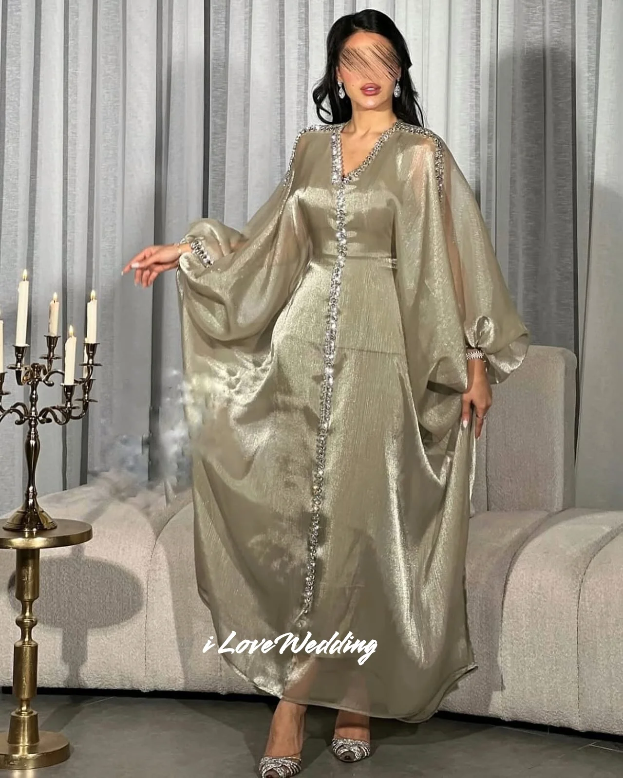 

Green V-Neck Beaded Prom Dress Long Sleeve A-Line Saudi Arabia Dubai فساتين سهراتFloor-Length Elegant Pleat Customize